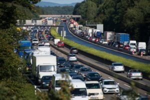 31264783 - traffic jam on motorway due to road works